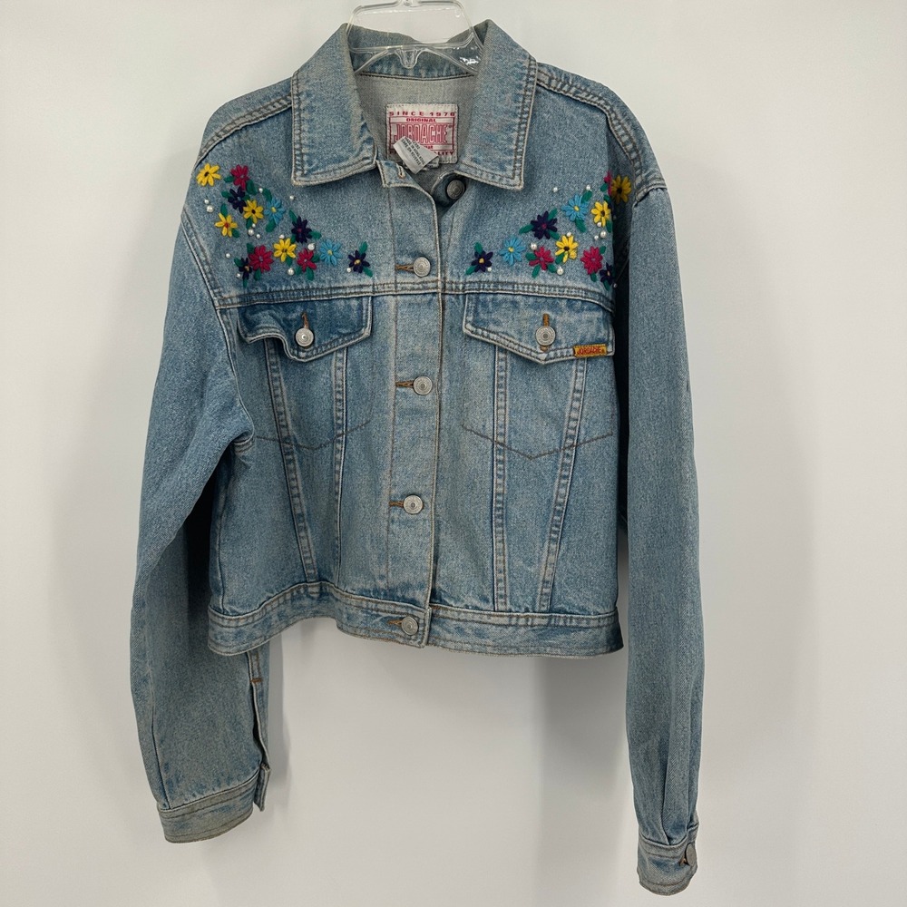 Jordache Women Vintage Embroidered Denim Trucker Jacket Size M Boho Crop Floral